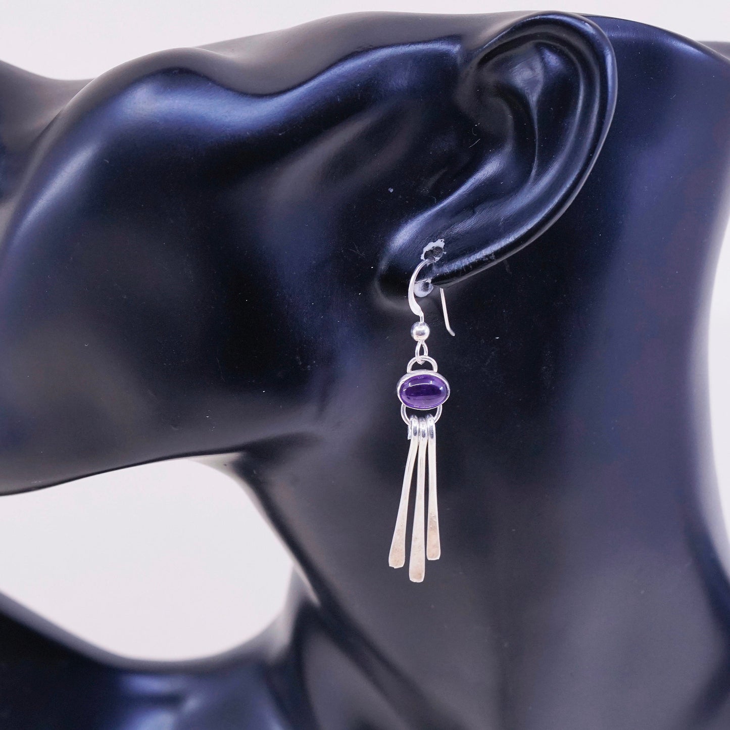 Vintage sterling silver handmade earrings, 925 fringe with amethyst