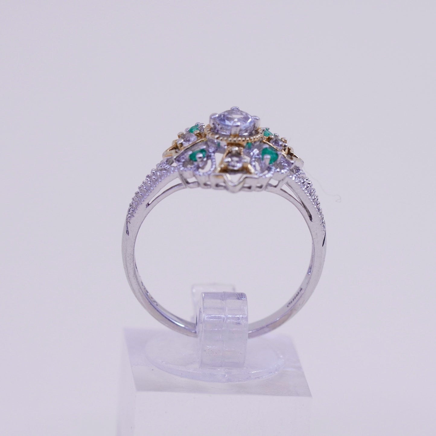 Size 9.25, vtg sterling 925 silver filigree engagement ring with peridot and cz