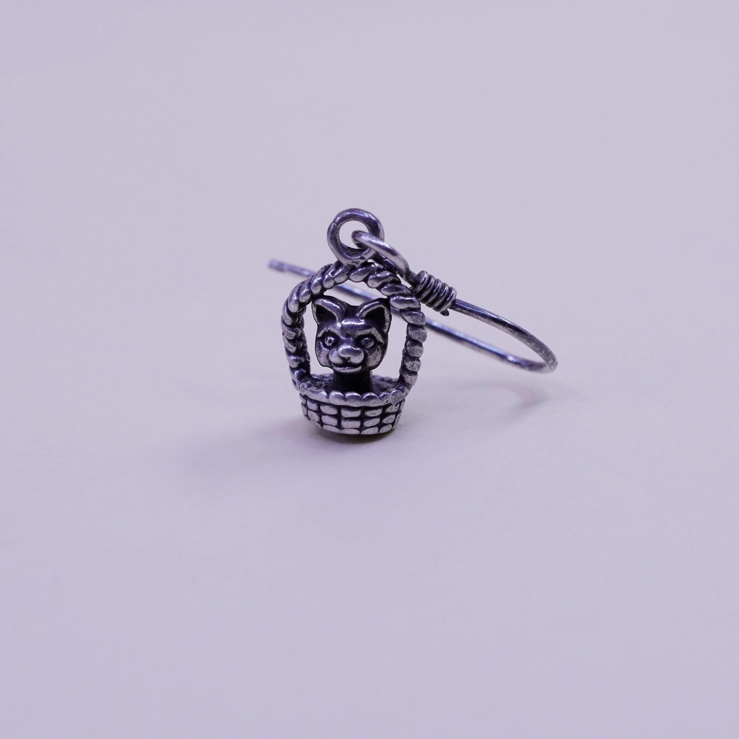 Vintage sterling silver handmade earrings, 925 dog puppy in basket dangles