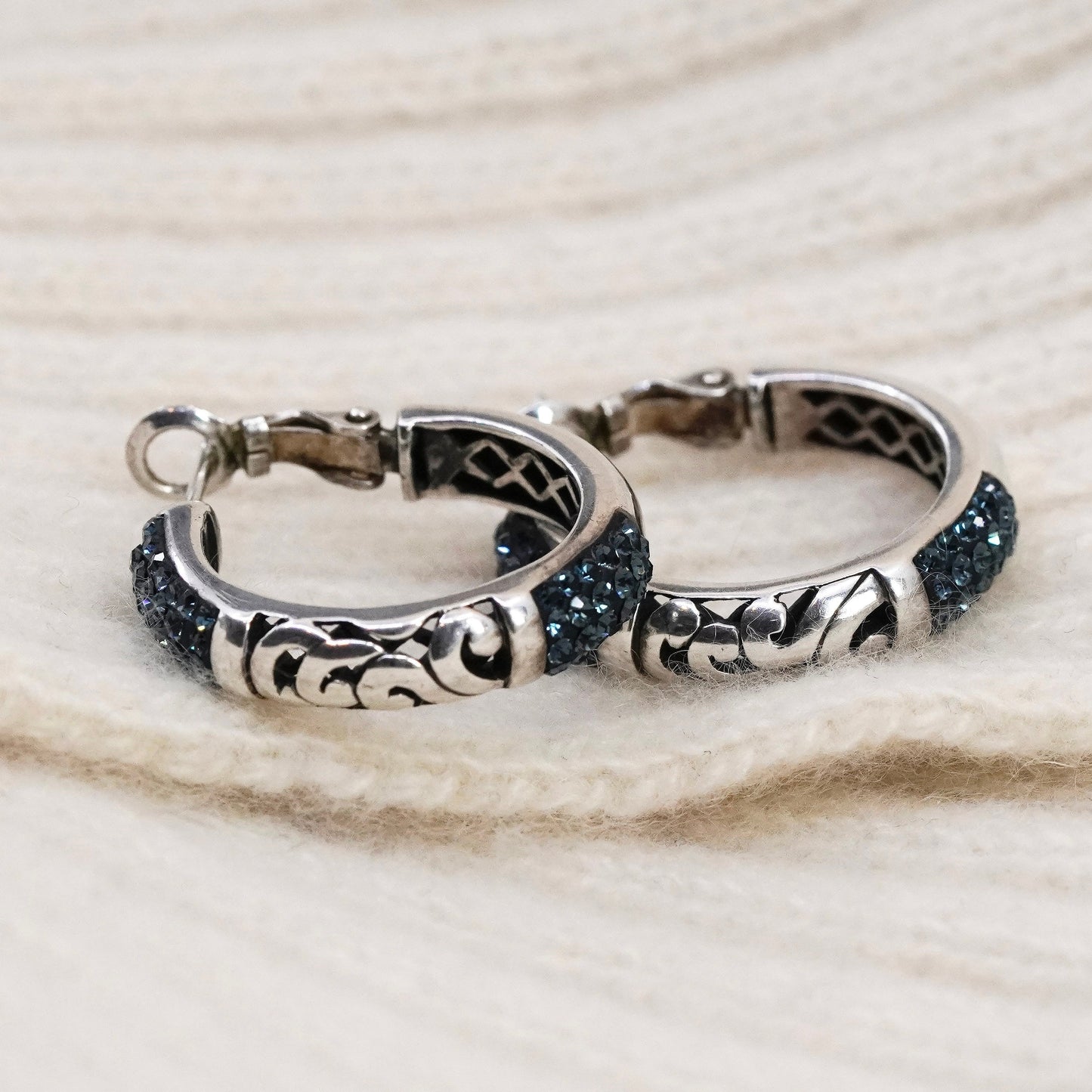 0.75”, Sterling silver handmade earrings, filigree 925 hoops Huggie crystal