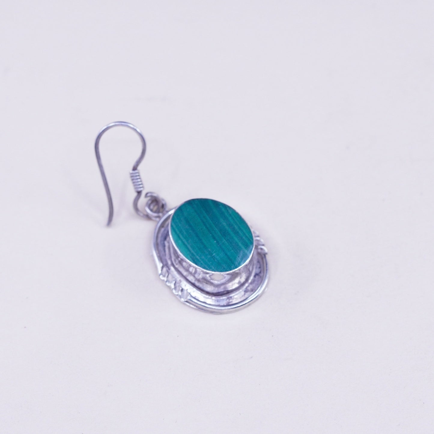 Vintage Mexico sterling 925 silver handmade earrings with oval malachite