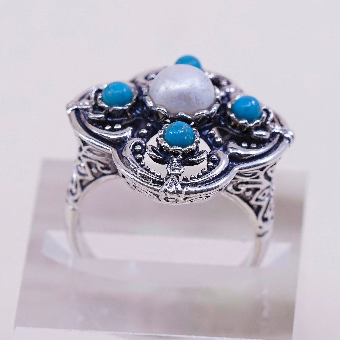 sz 9.5, vintage GSJ Sterling silver handmade ring, 925 w/ turquoise N pearl