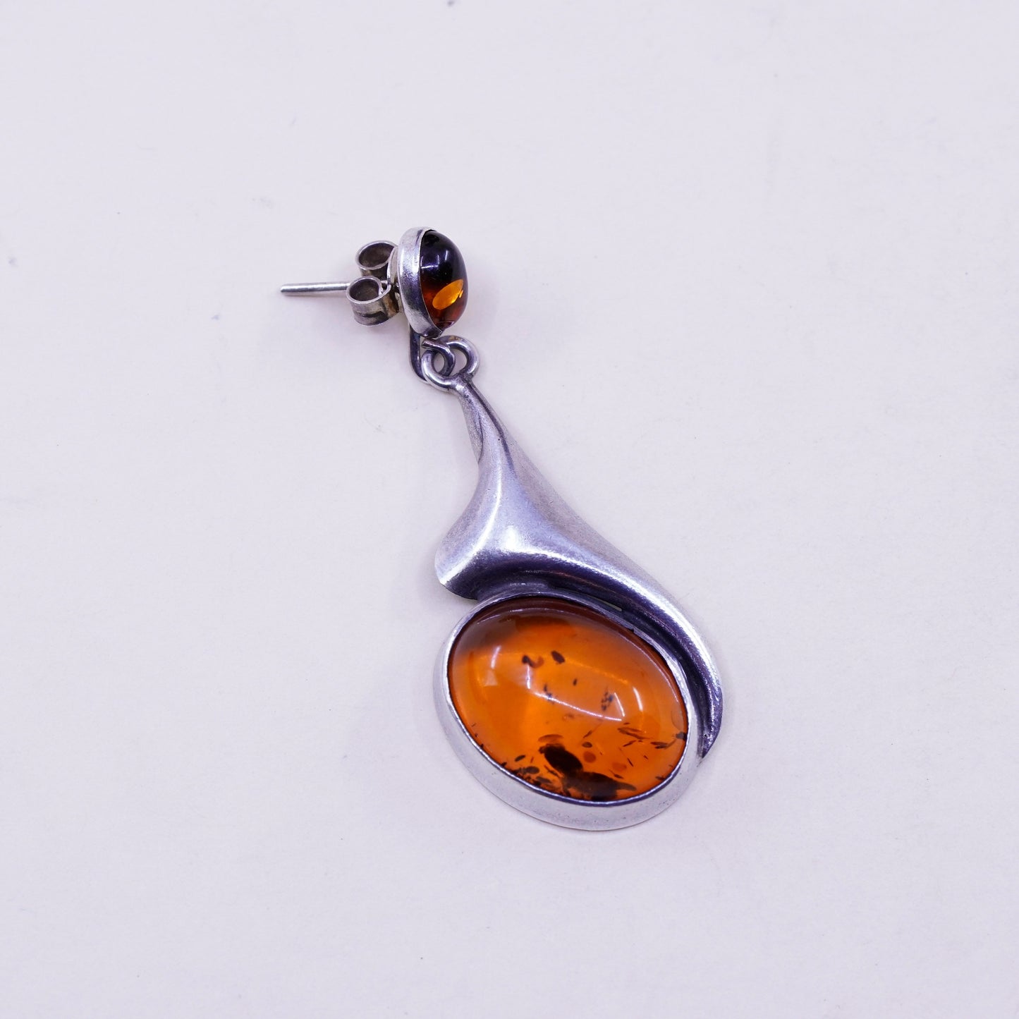 Vintage Sterling silver handmade earrings, 925 teardrop dangles with amber