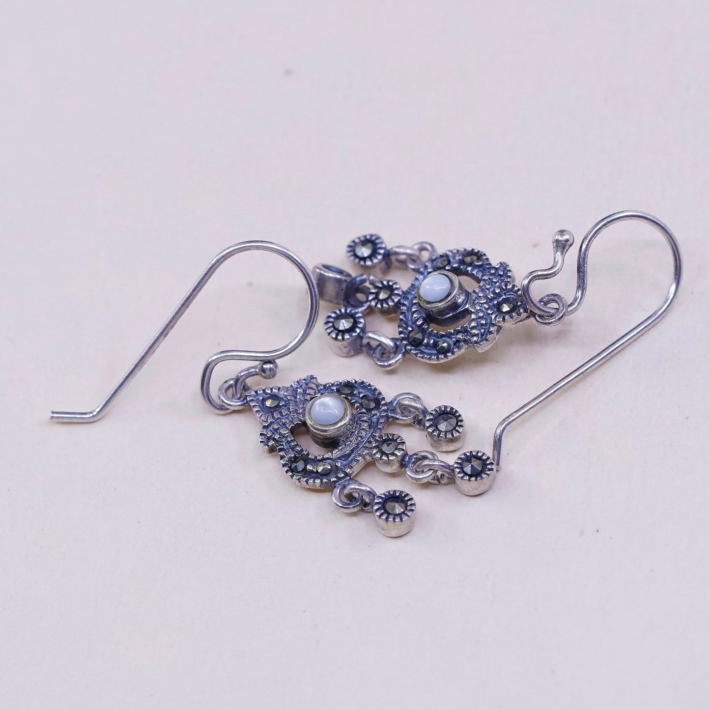 vtg Sterling silver handmade earrings, 925 drops w/ mother of pearl N marcasite