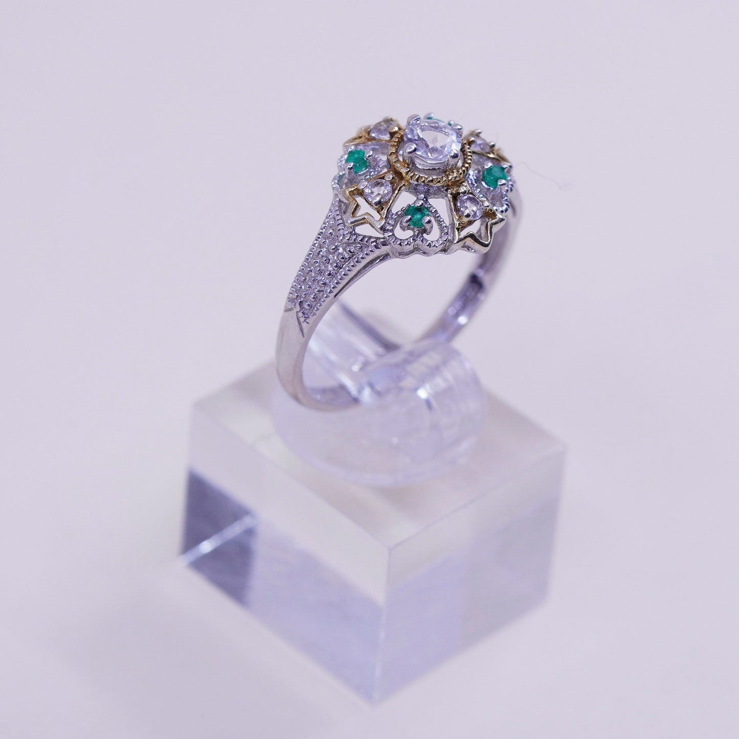 Size 9.25, vtg sterling 925 silver filigree engagement ring with peridot and cz