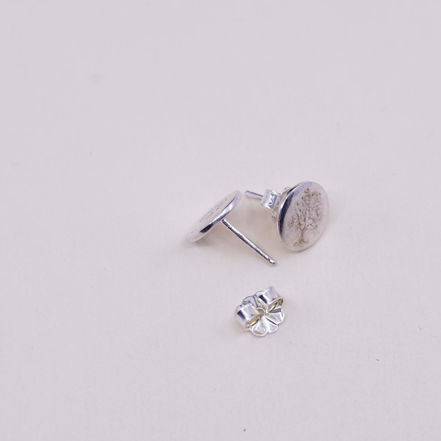 Vintage sterling silver handmade earrings, 925 circle studs with tree
