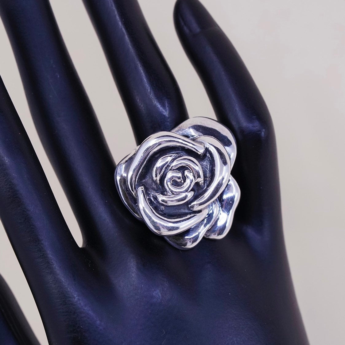 sz 6.75, vtg Sterling silver handmade ring, huge statement puffy 925 rose