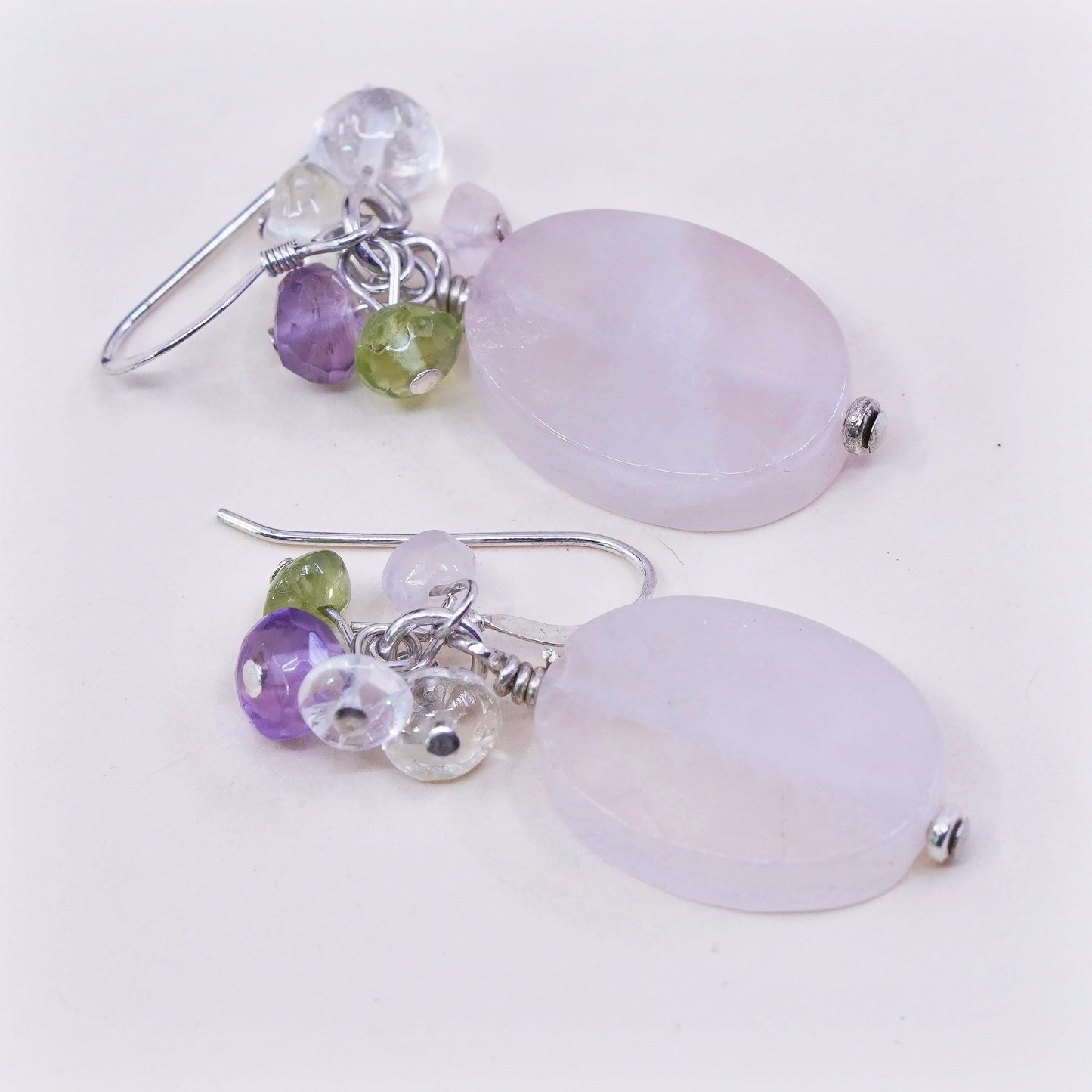 Sterling 925 silver earrings with cluster amethyst Crystal and rose pink quartz
