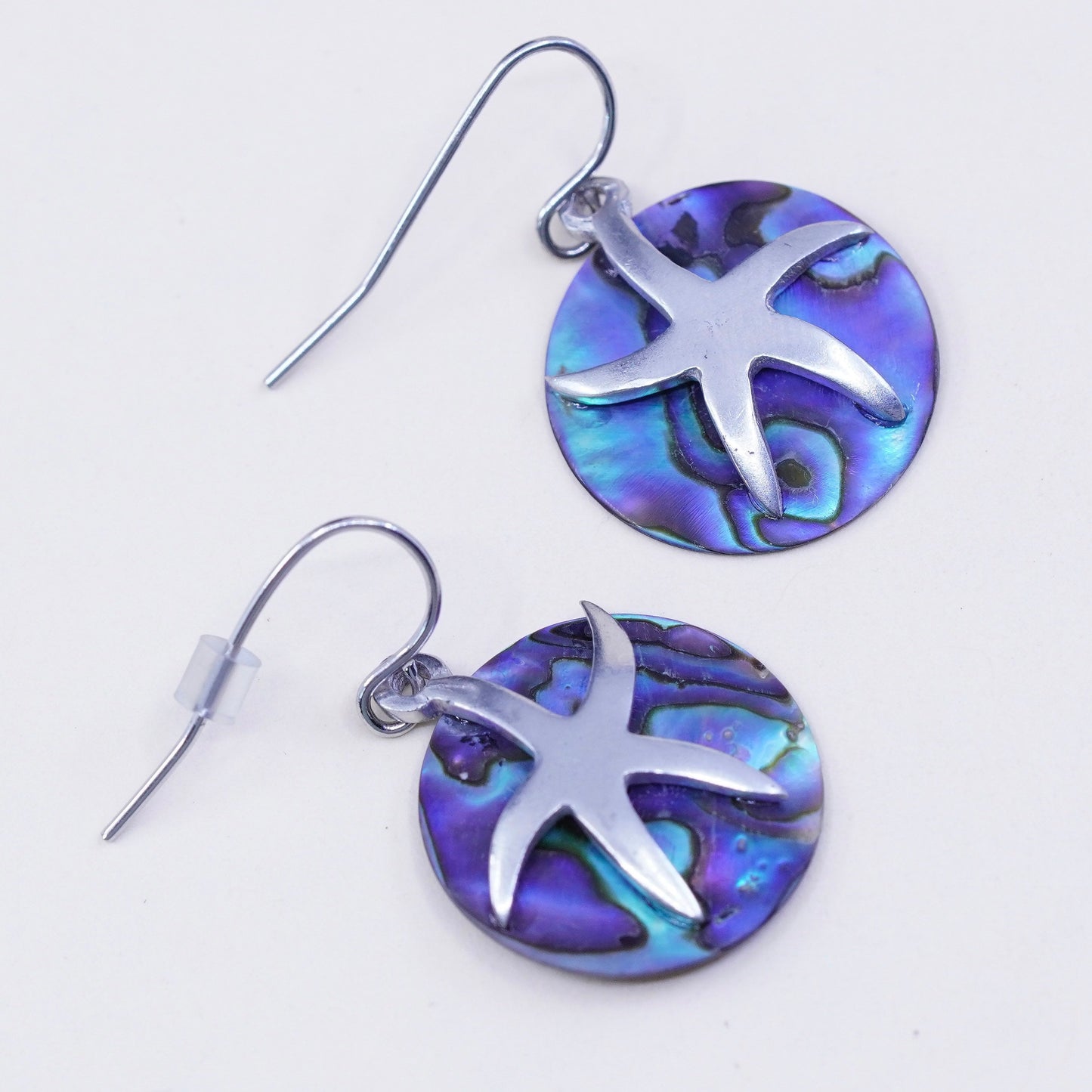 Vintage sterling 925 silver handmade str starfish earrings with abalone