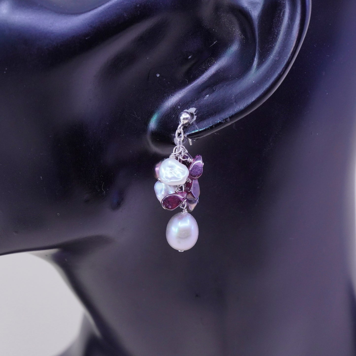 Sterling 925 silver handmade earrings with cluster gray pearl amethyst nuggets