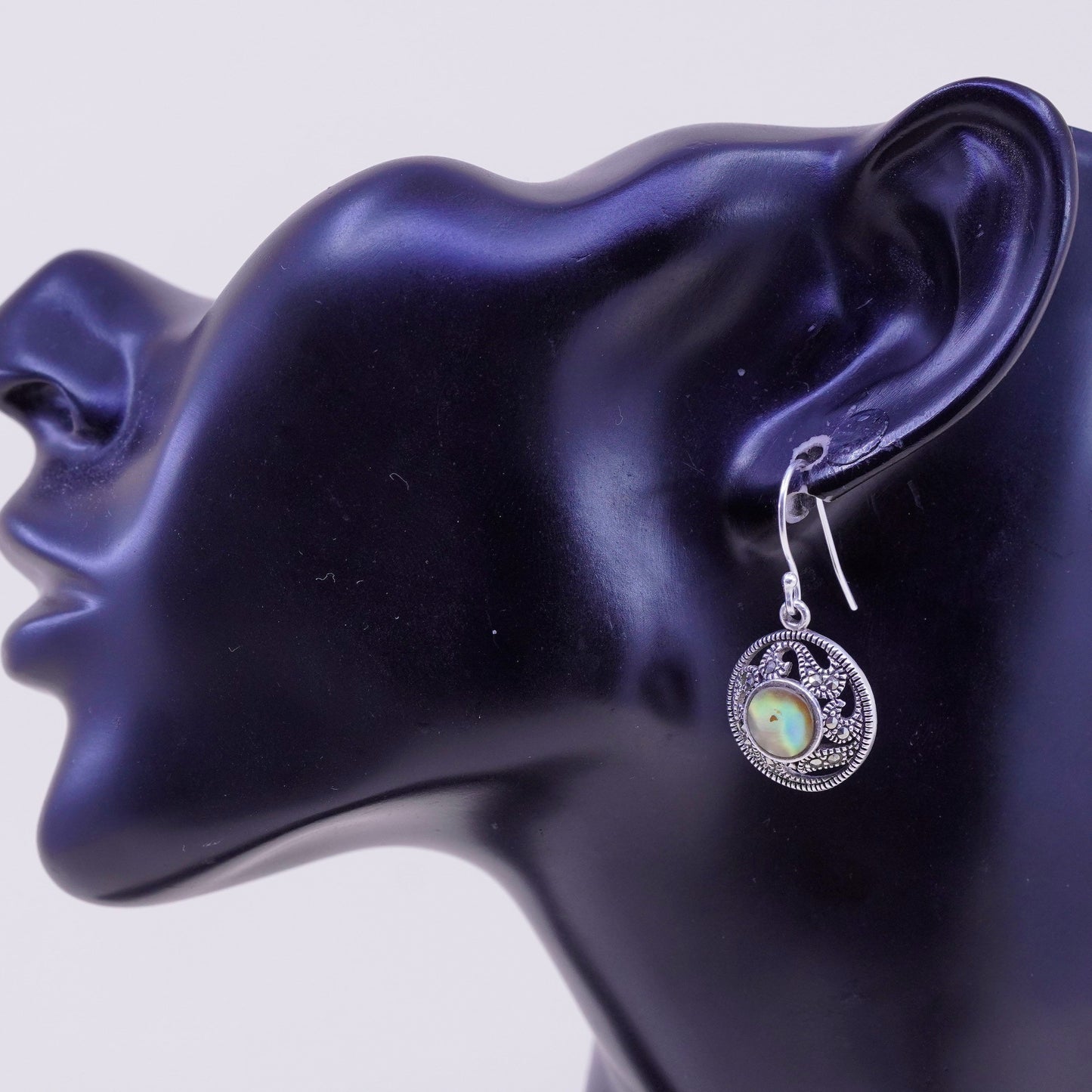 Vintage Sterling silver handmade earrings, 925 circle with abalone marcasite