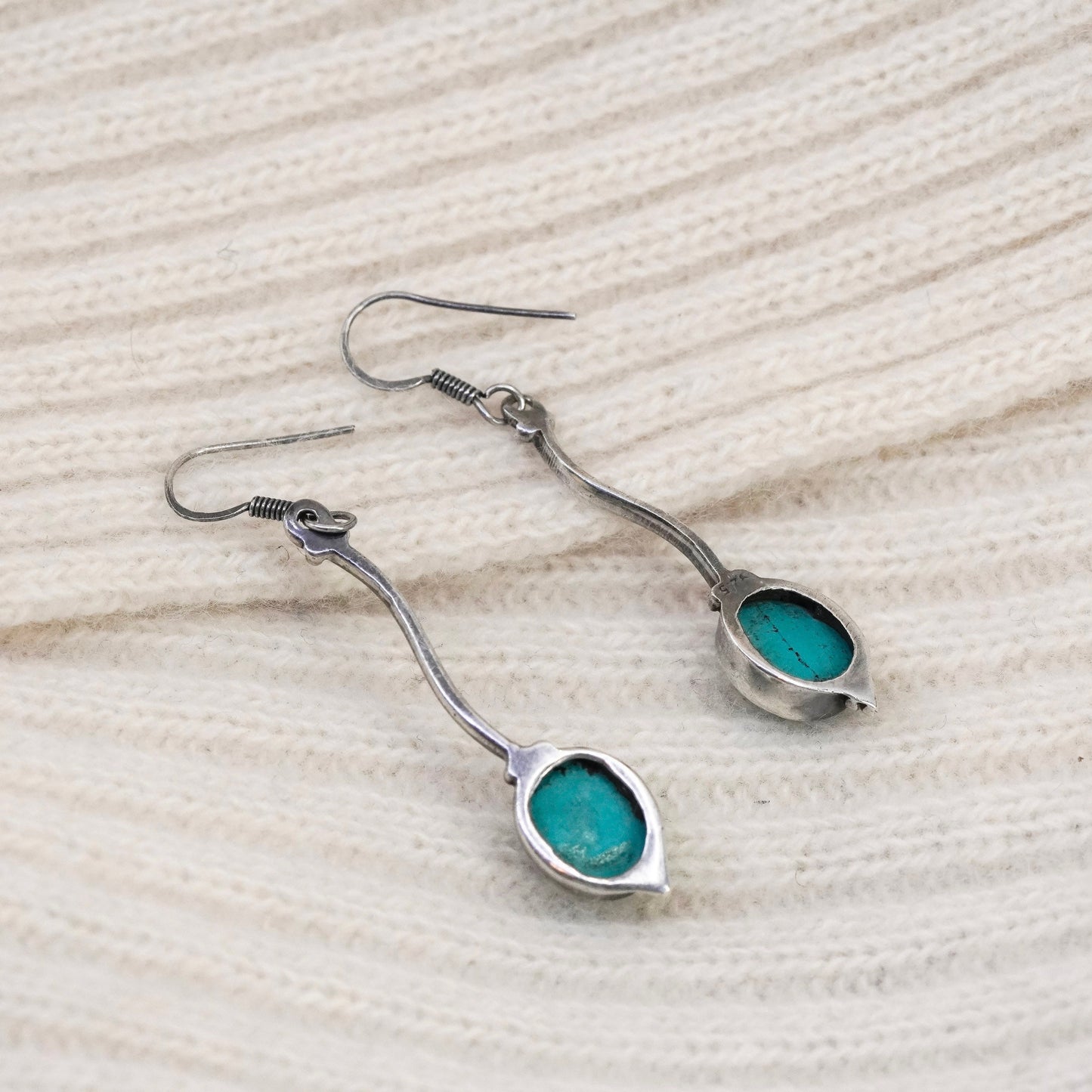 Vintage Sterling silver handmade earrings, 925 wavy drops with turquoise