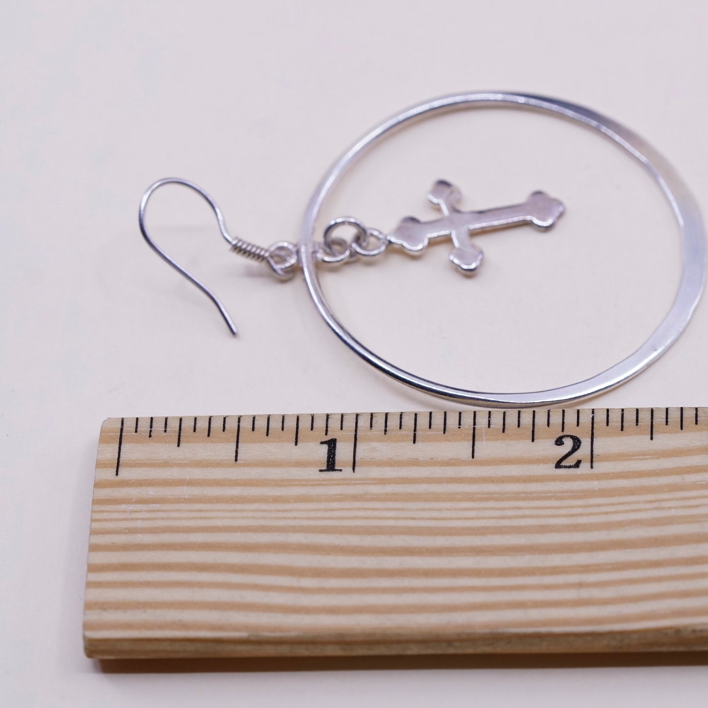 Vintage Sterling silver handmade earrings, huge 925 hoops with cross charms