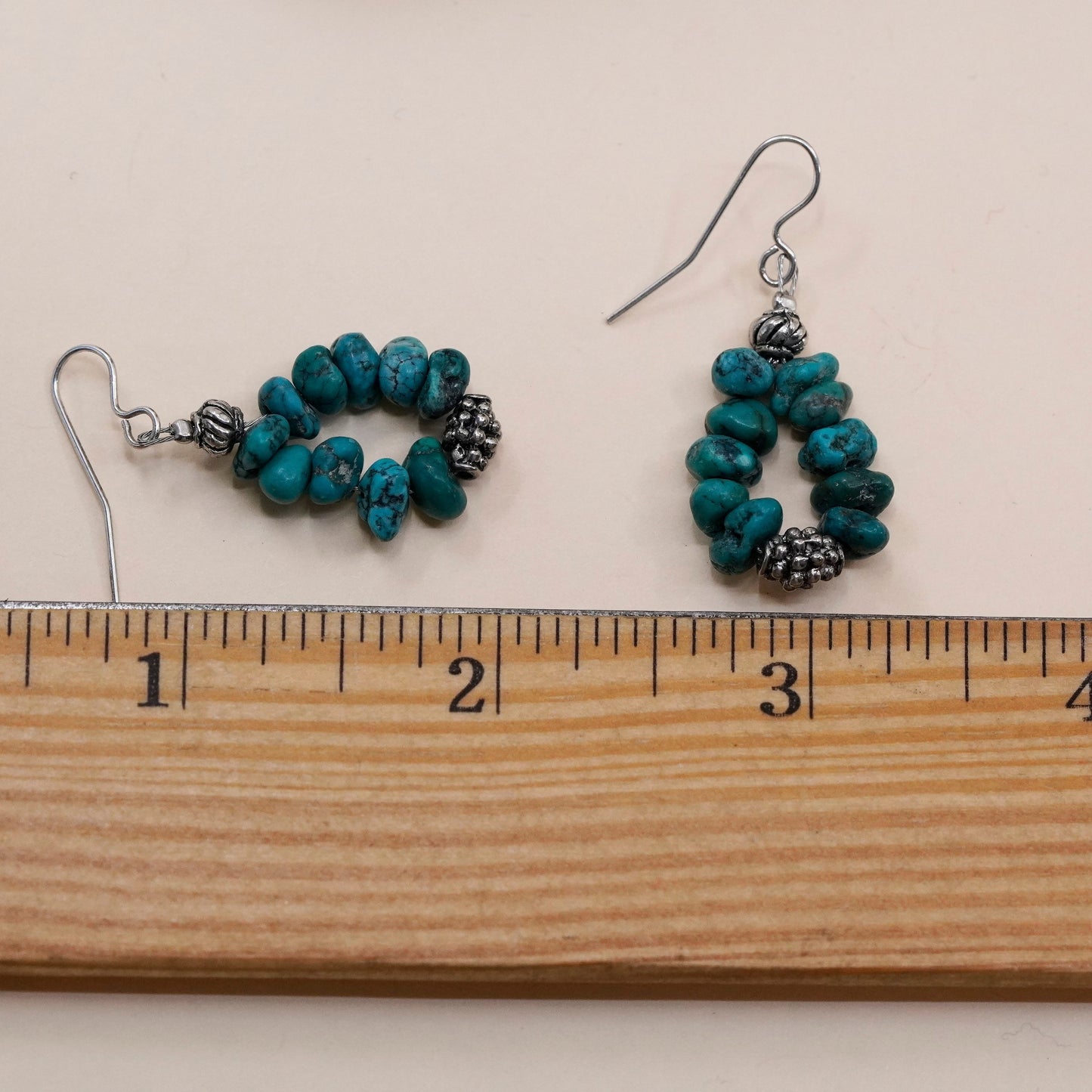 Vintage Sterling silver handmade earrings, 925 teardrop drops turquoise nugget