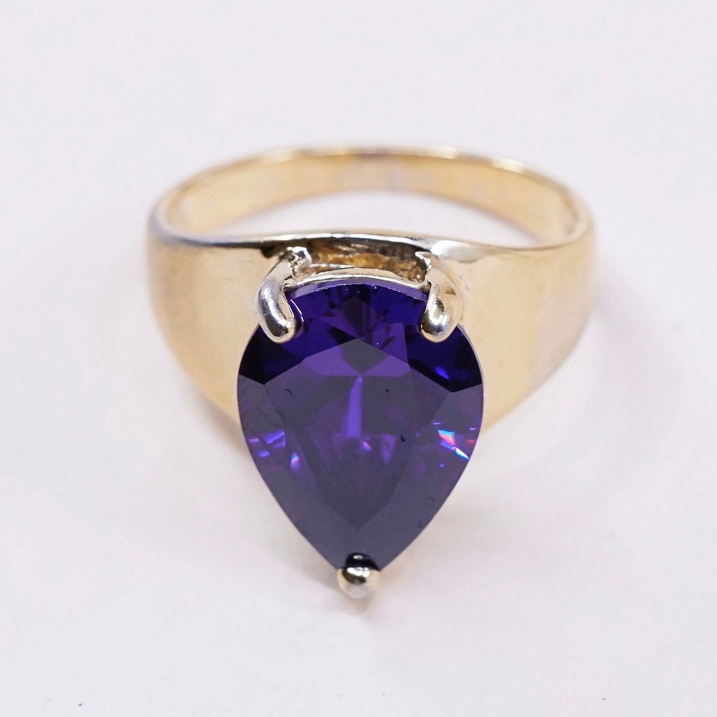 sz 8.25, vtg STC vermeil gold over Sterling 925 silver ring w teardrop amethyst