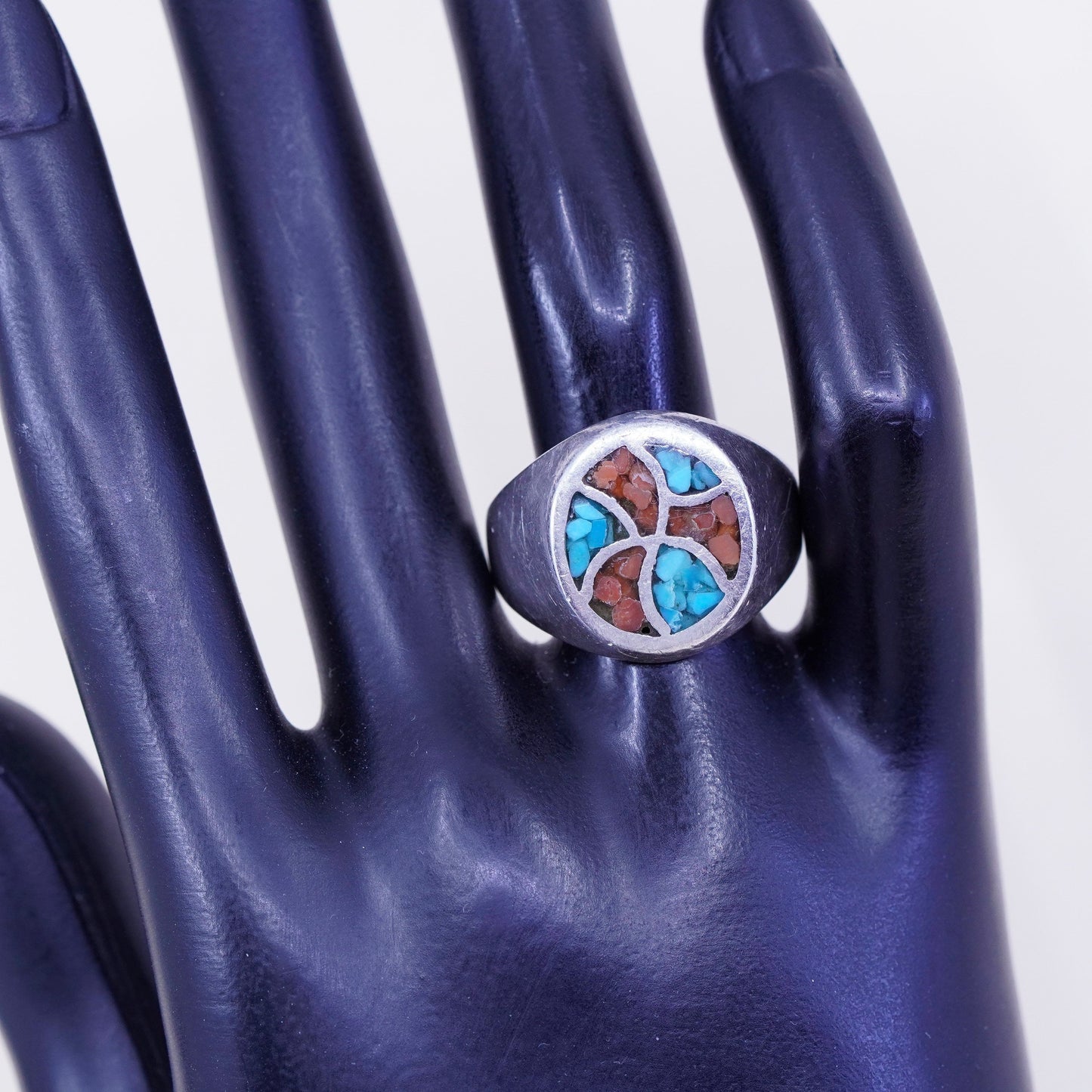 Size 11.5, natives American Sterling silver handmade ring w/ turquoise N coral