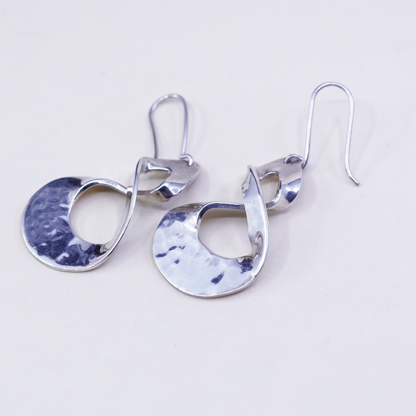Vintage Sterling silver handmade earrings, hammered 925 infinity loop dangle