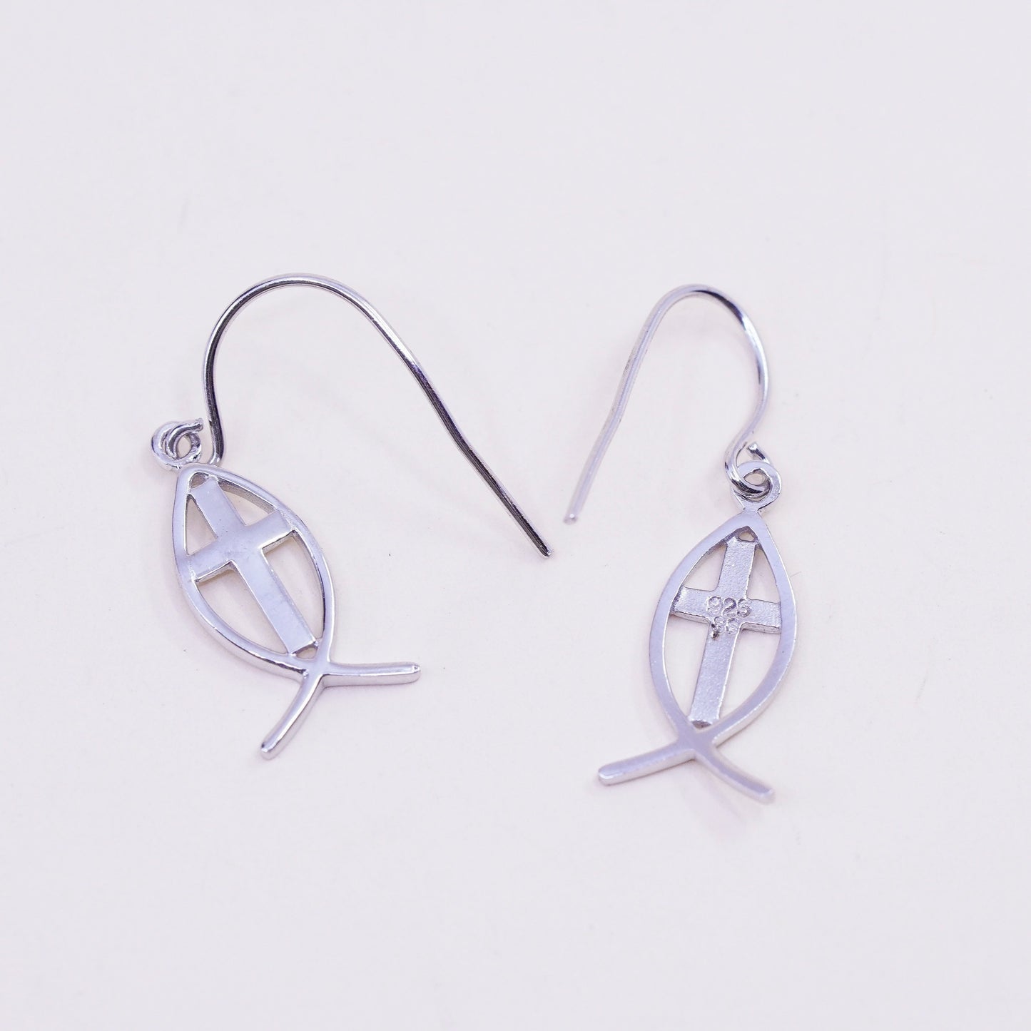 Vintage sterling silver handmade modern earrings, 925 fish with cross