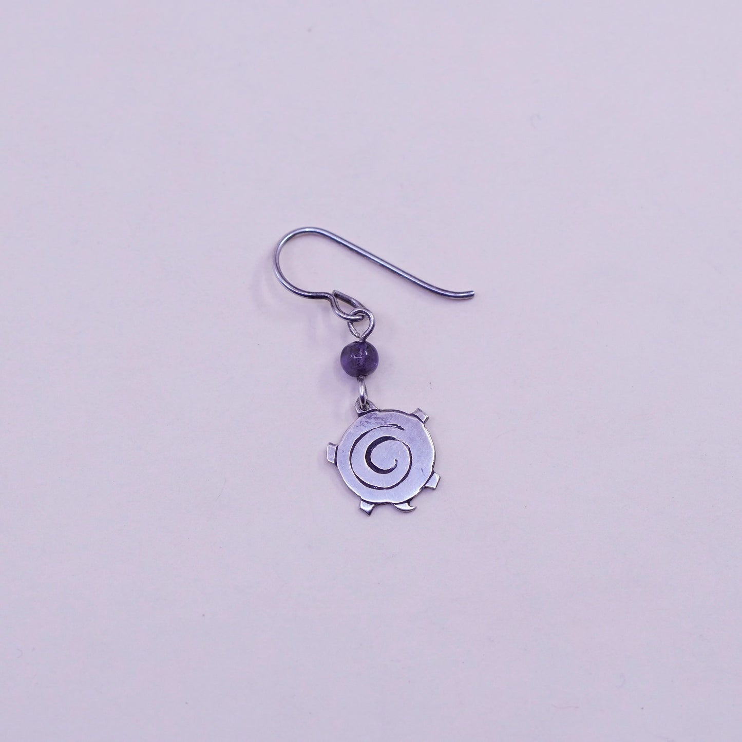 Vintage Sterling silver handmade earrings, 925 swirly dangles with amethyst