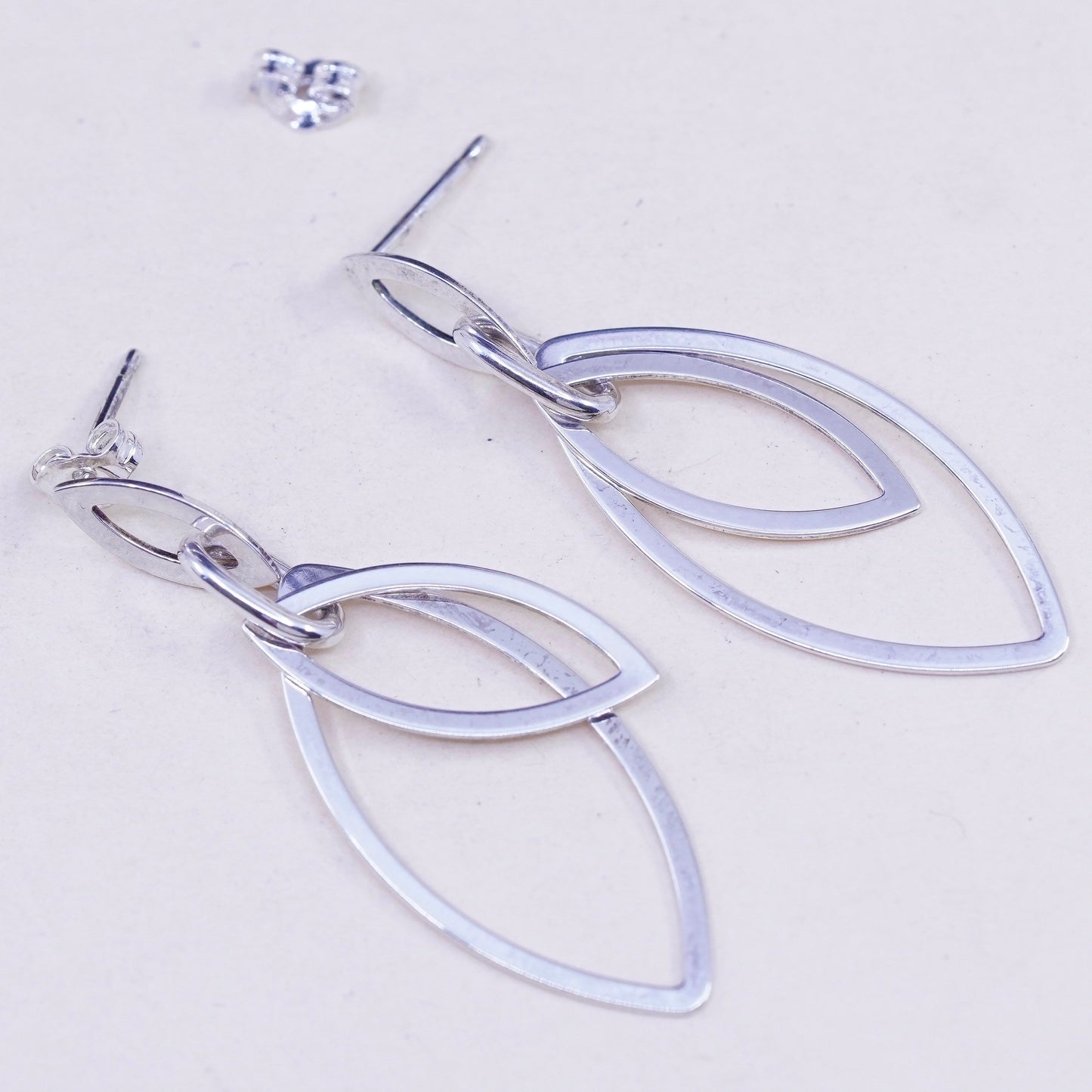 Vintage Sterling silver handmade earrings, 925 silver modern marquise dangles