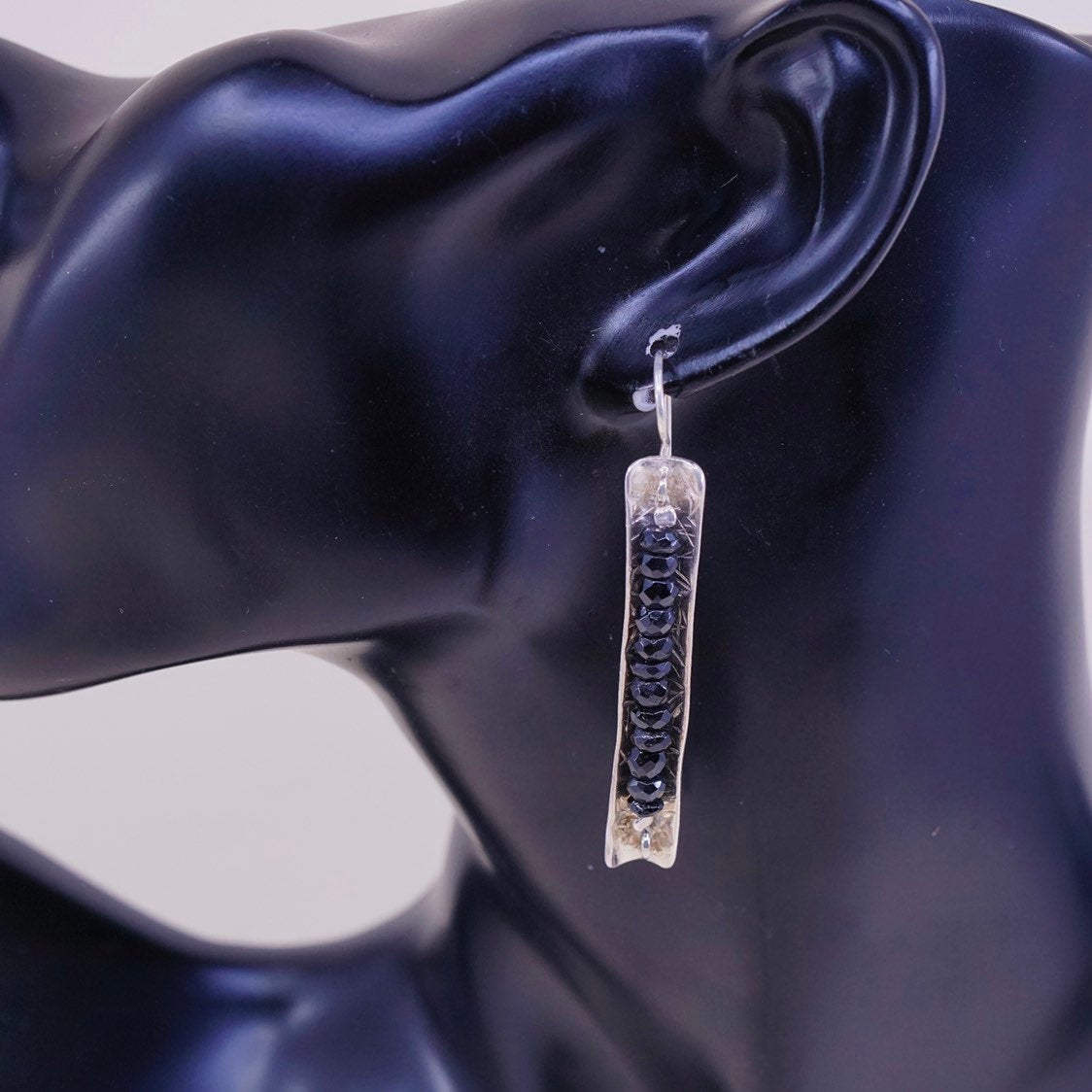 vtg Sterling silver handmade earrings, 925 w/ long obsidian beads, elegant