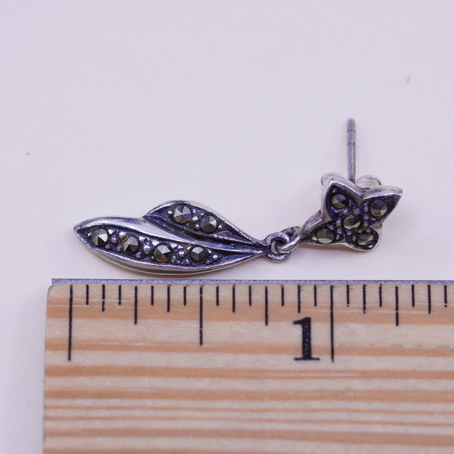 Vintage Sterling silver handmade earrings, 925 clover leaf with marcasite