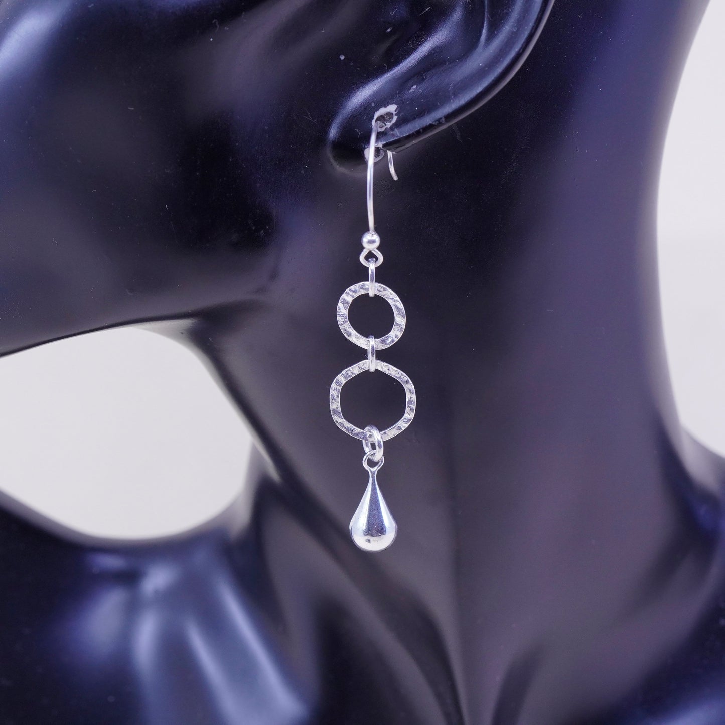 vtg sterling silver handmade earrings, 925 hammered circle w/ teardrop dangles