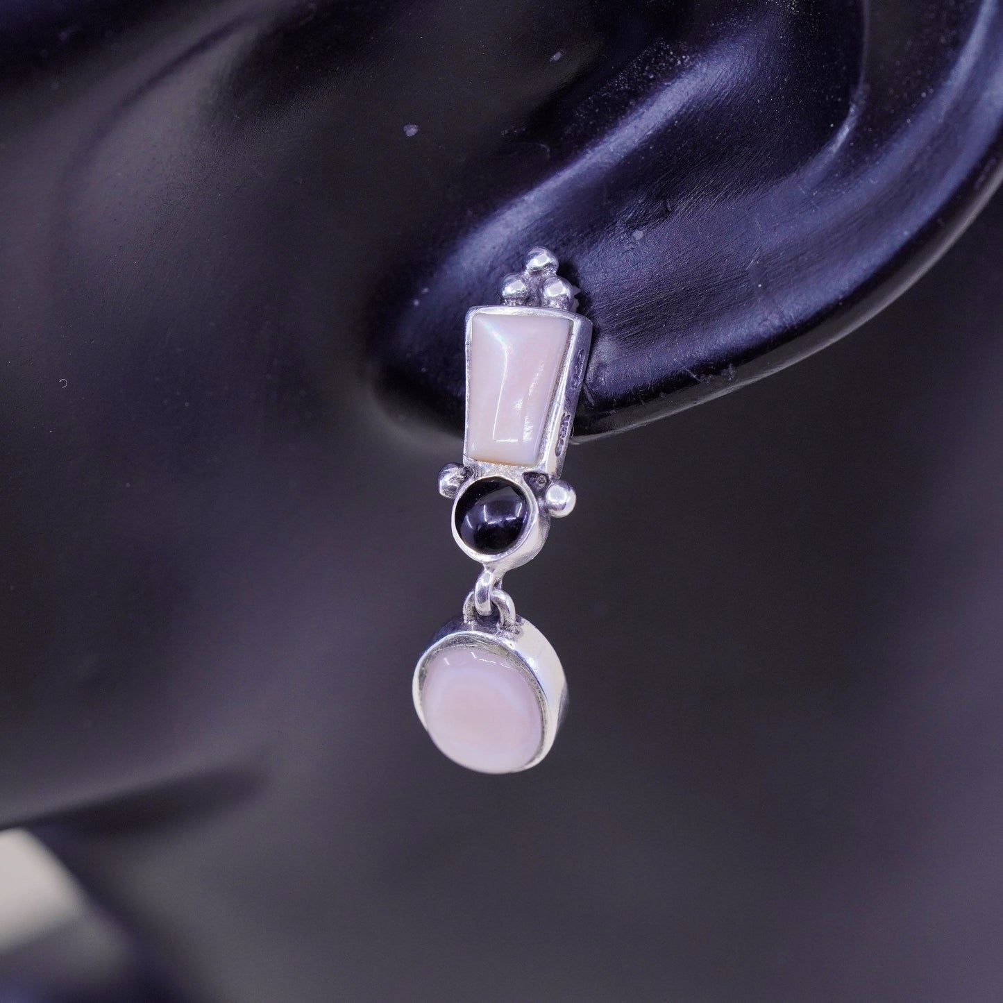 Vintage Sterling 925 silver handmade earrings with mother of pearl and obsidian