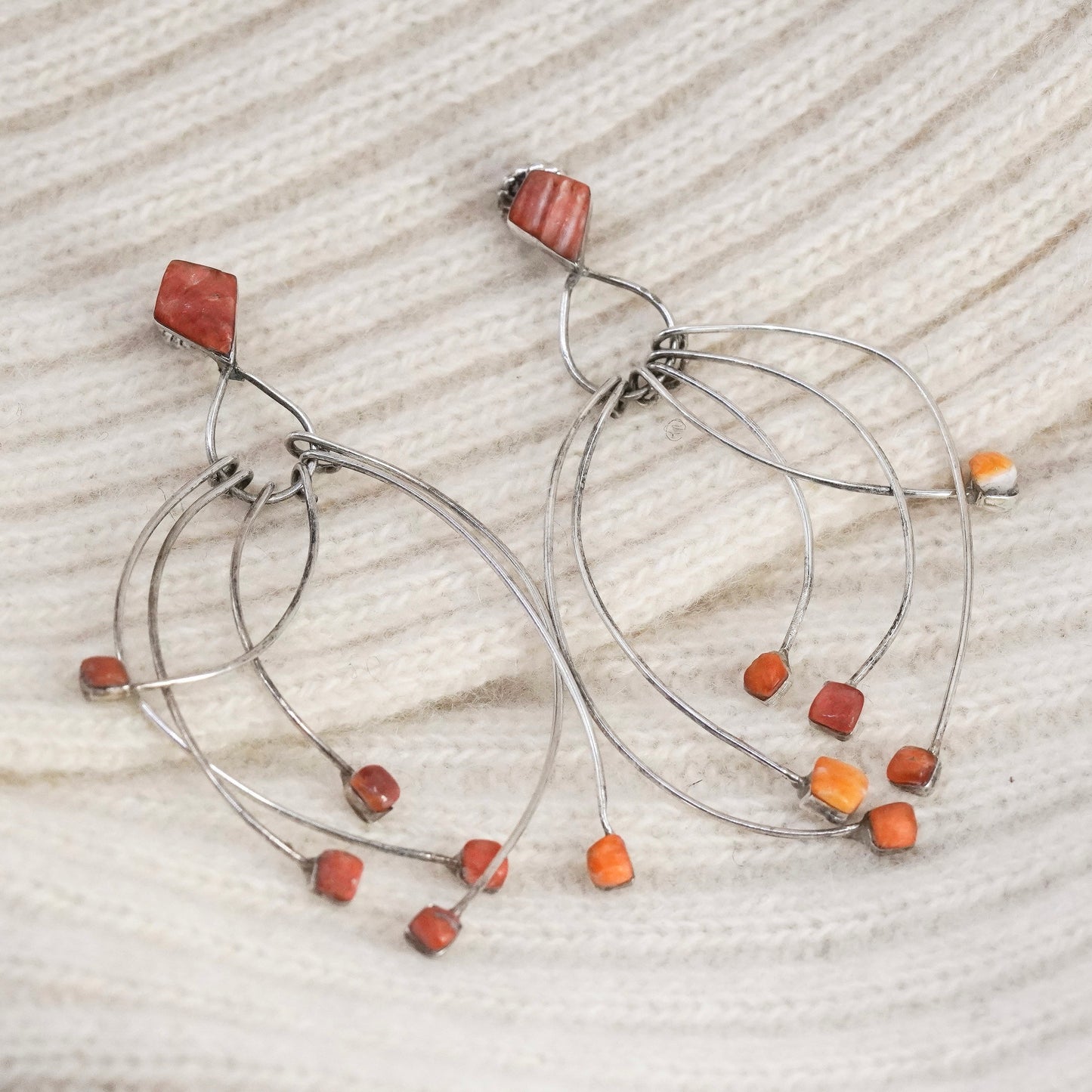 Native American sterling 925 silver earrings coral beads, handmade southwestern