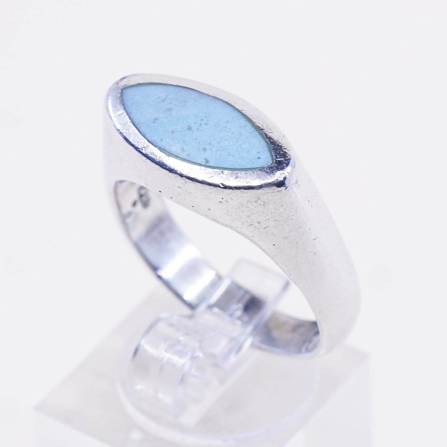 sz 9.25, vtg Sterling silver handmade ring, modern 925 band w/ turquoise