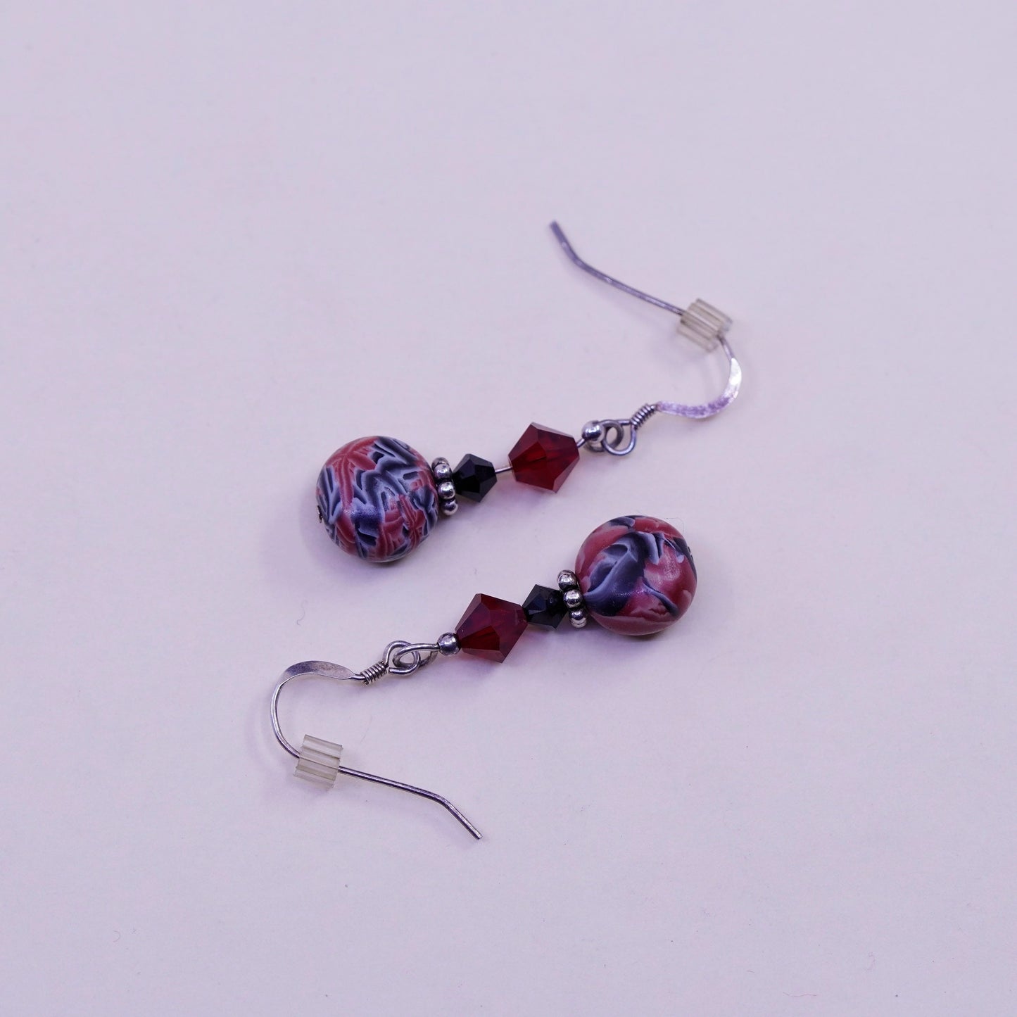 Vintage sterling silver handmade earrings with red crystal beads and resin