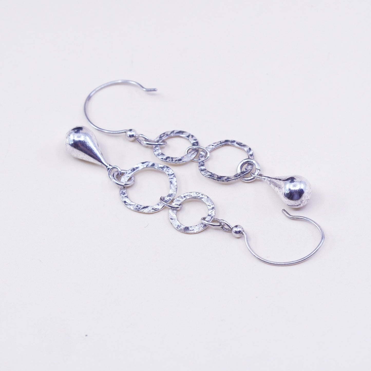 vtg sterling silver handmade earrings, 925 hammered circle w/ teardrop dangles