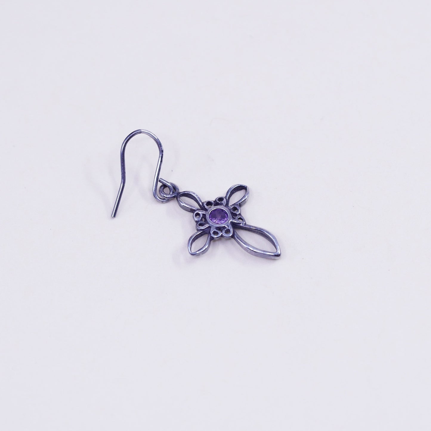 Vintage Sterling 925 silver earrings, filigree cross with amethyst