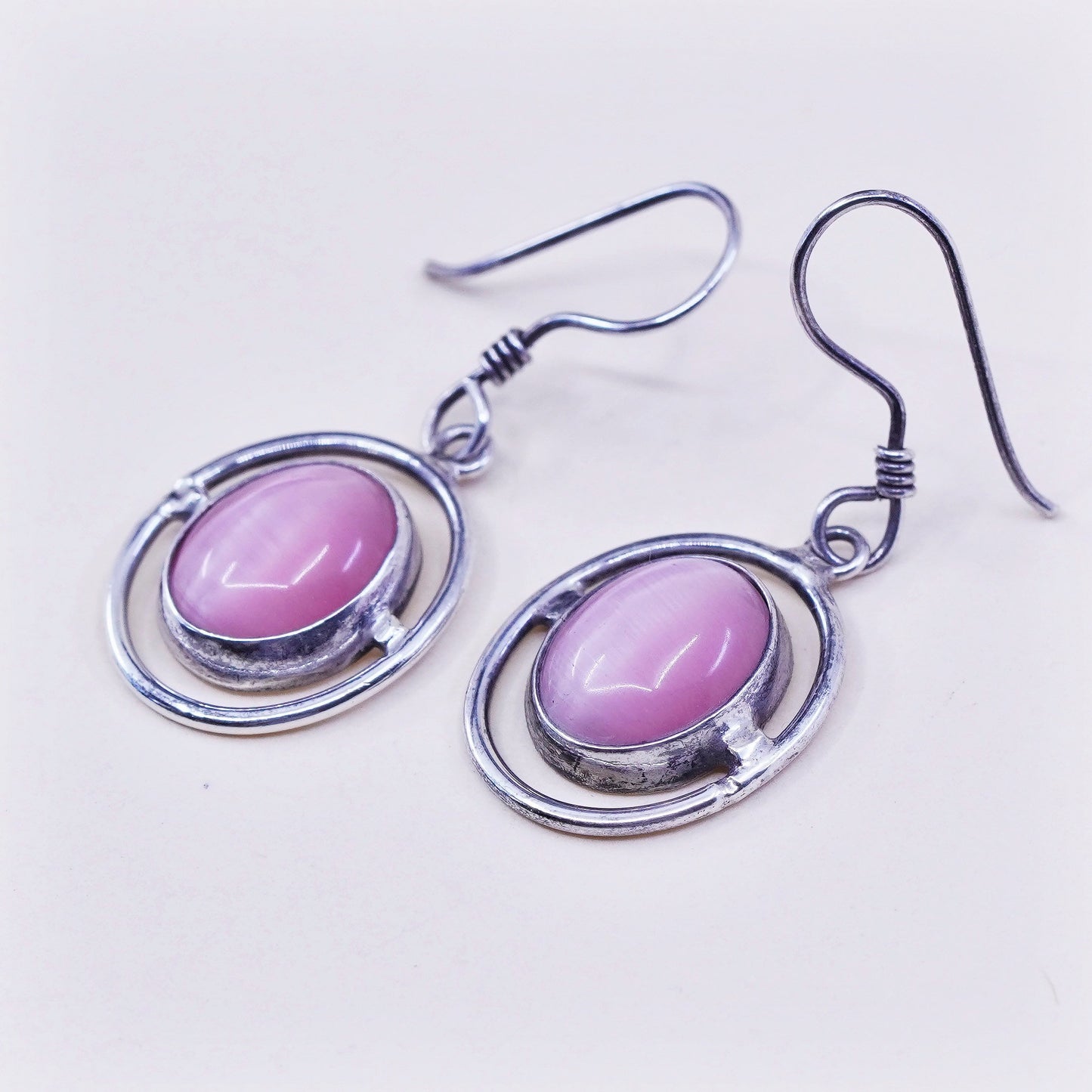 Vintage Sterling 925 silver handmade earrings with pink cats eye beads