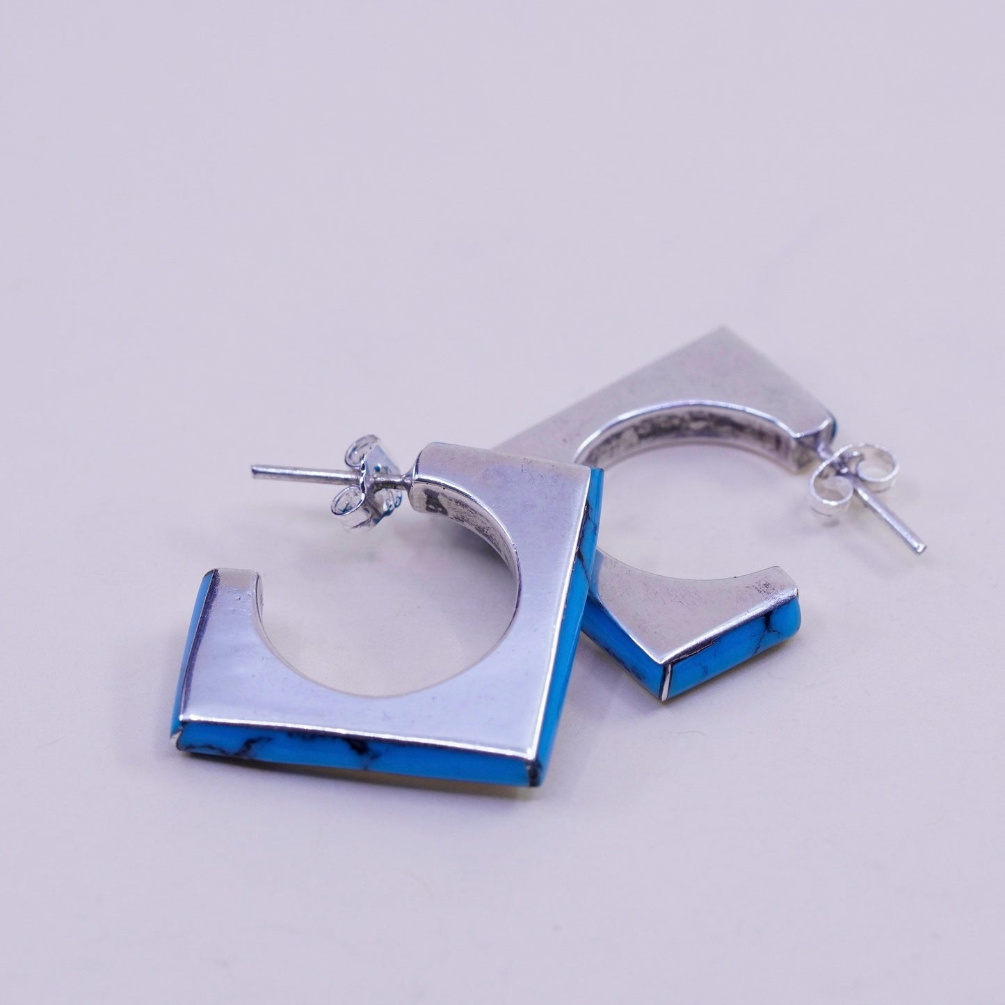 sterling silver handmade earrings, southwestern 925 square studs with turquoise