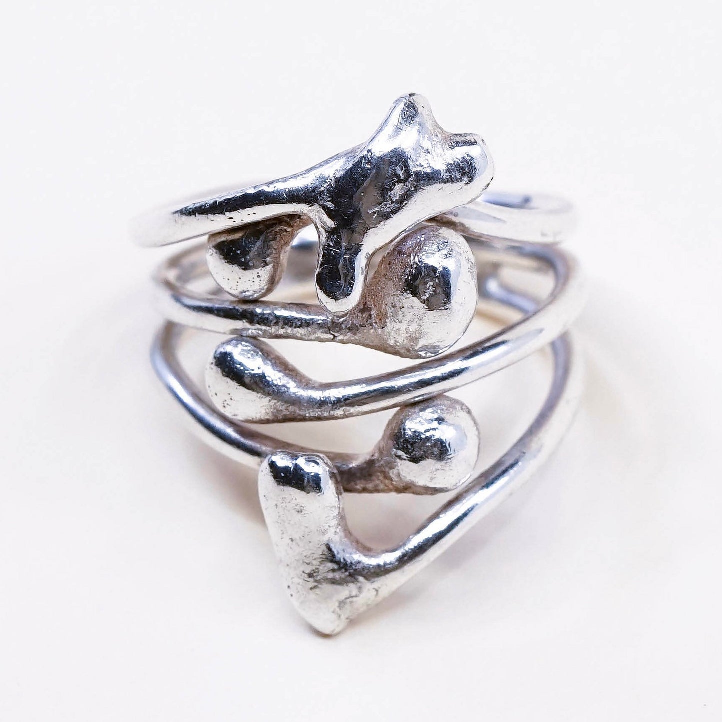 sz 5.5, vtg sterling silver handmade ring, Mexican 925 band w/ beads