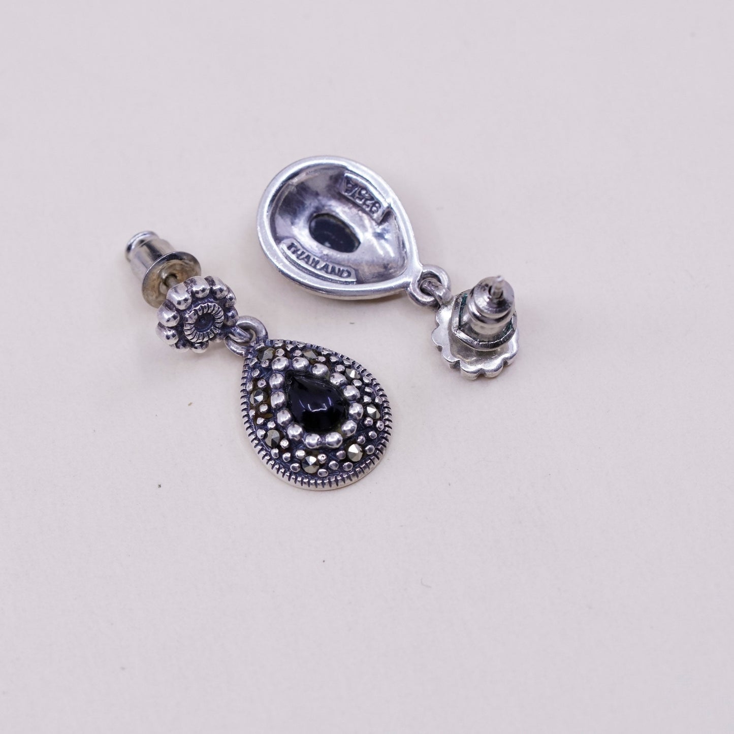 Vintage Sterling silver handmade earrings, 925 drops w/ obsidian and marcasite