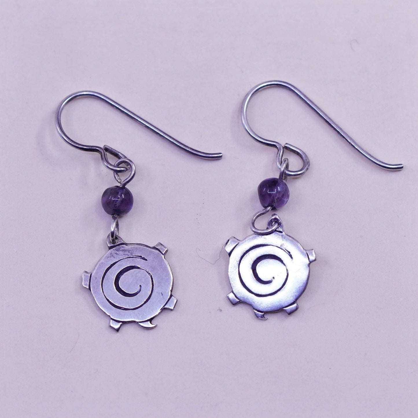 Vintage Sterling silver handmade earrings, 925 swirly dangles with amethyst