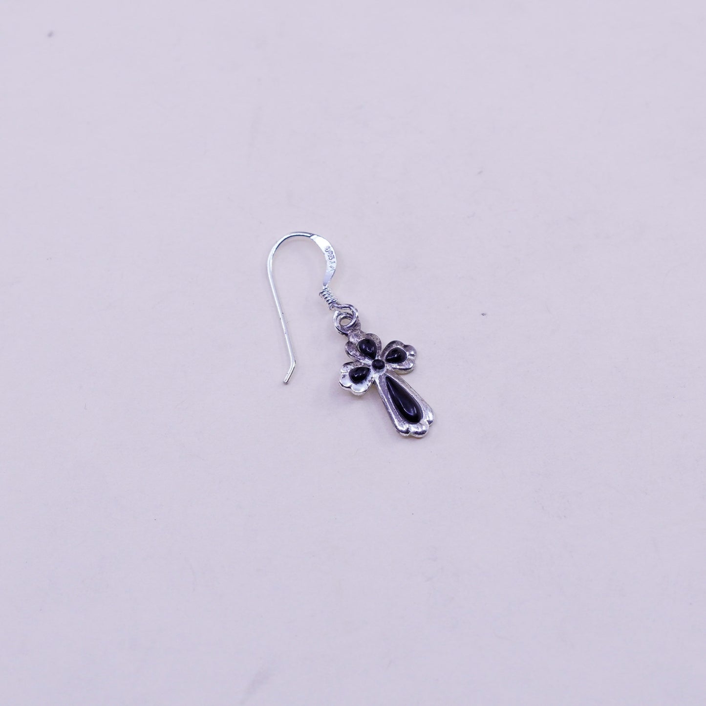 Vintage Sterling silver handmade earrings, 925 cross with obsidian, cute