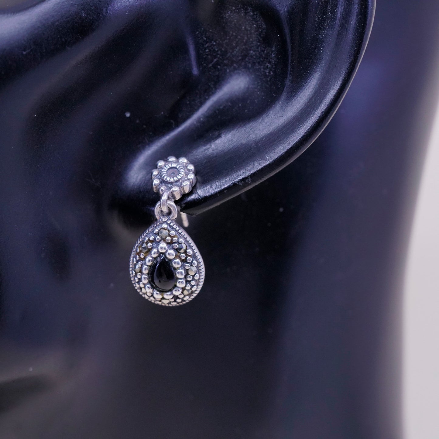 Vintage Sterling silver handmade earrings, 925 drops w/ obsidian and marcasite