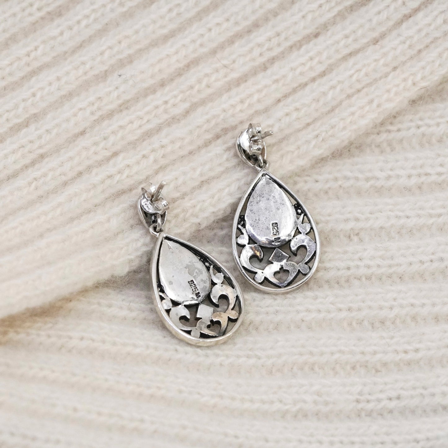 Vintage Sterling 925 silver handmade earrings with teardrop turquoise marcasite