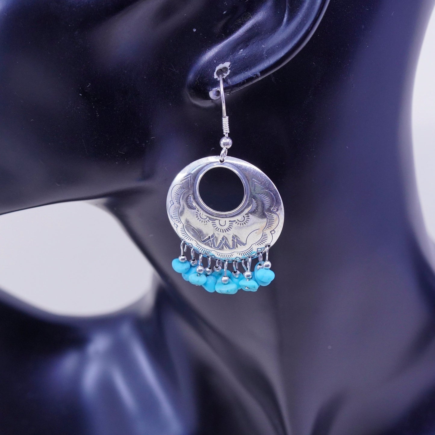carolyn pollack Sterling 925 silver handmade disc earrings w/ cluster turquoise