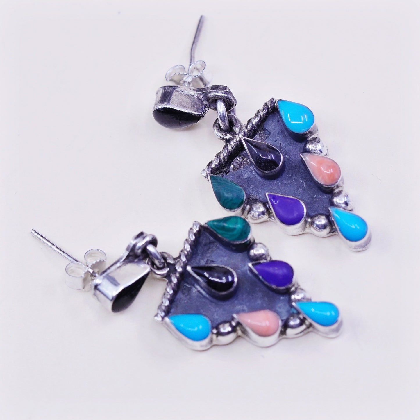 Vintage Sterling 925 silver handmade earrings with onyx, coral and malachite, stamped 925 mexico TJ-51