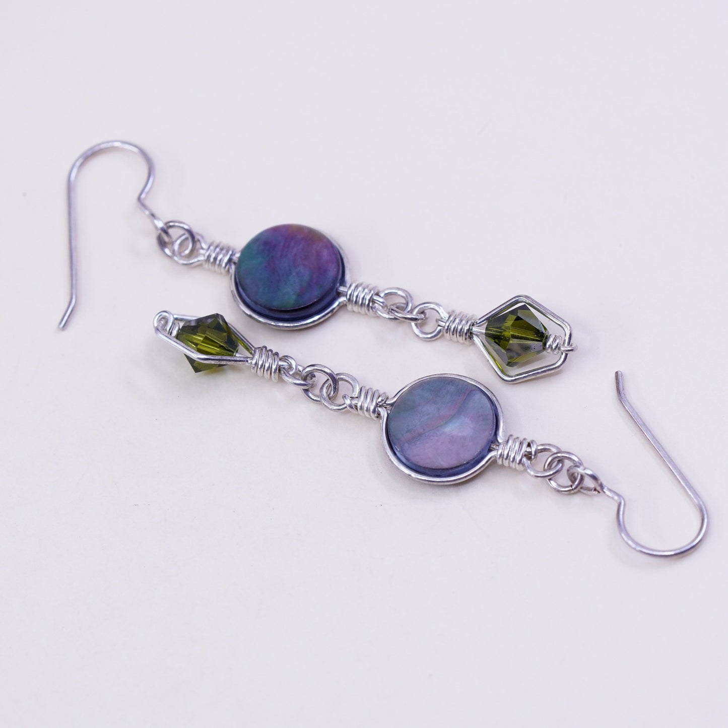 Vintage sterling silver handmade earrings, 925 hooks with circle abalone and peridot, silver tested