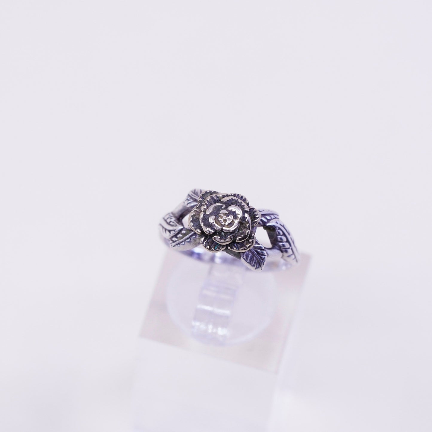 Size 7, vintage TT Sterling silver handmade ring, 925 leaves with brass rose