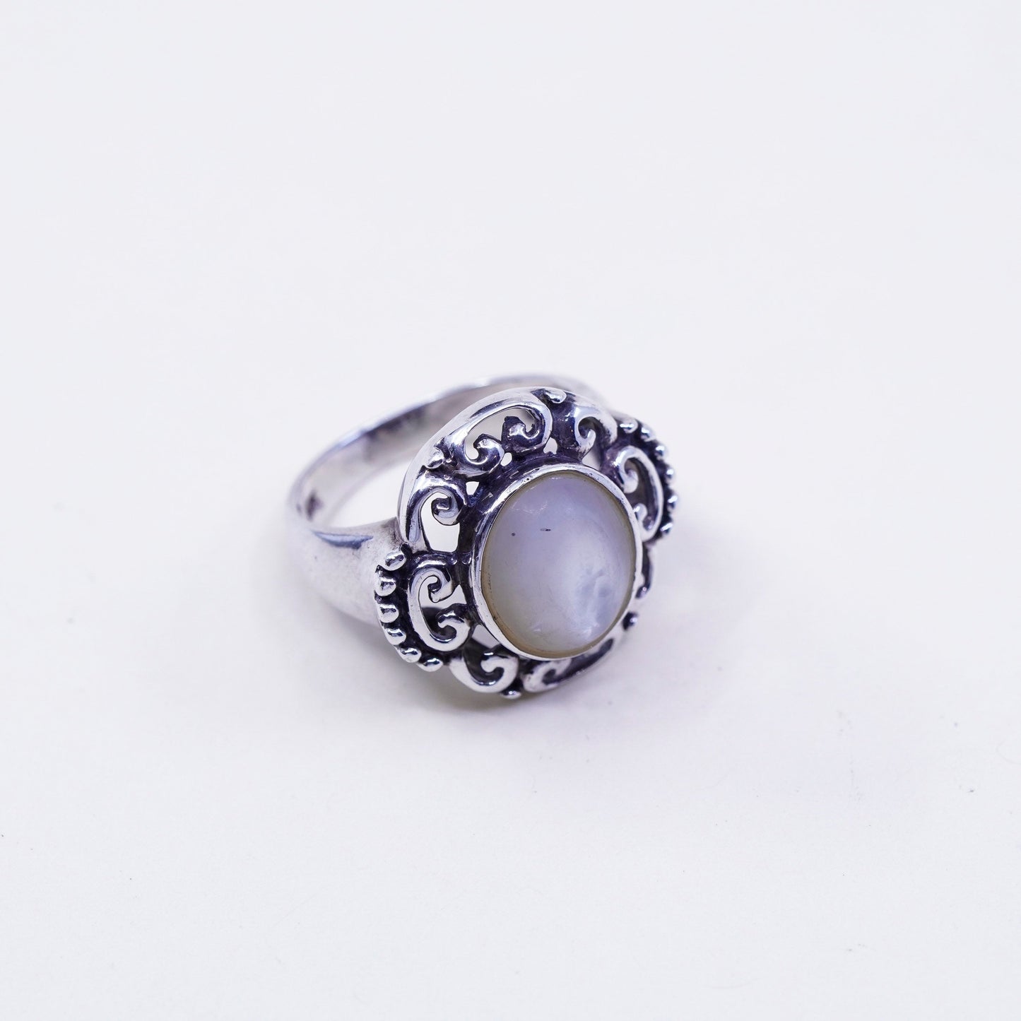 Size 8.25, vintage CFJ sterling 925 silver handmade filigree ring w/ moonstone