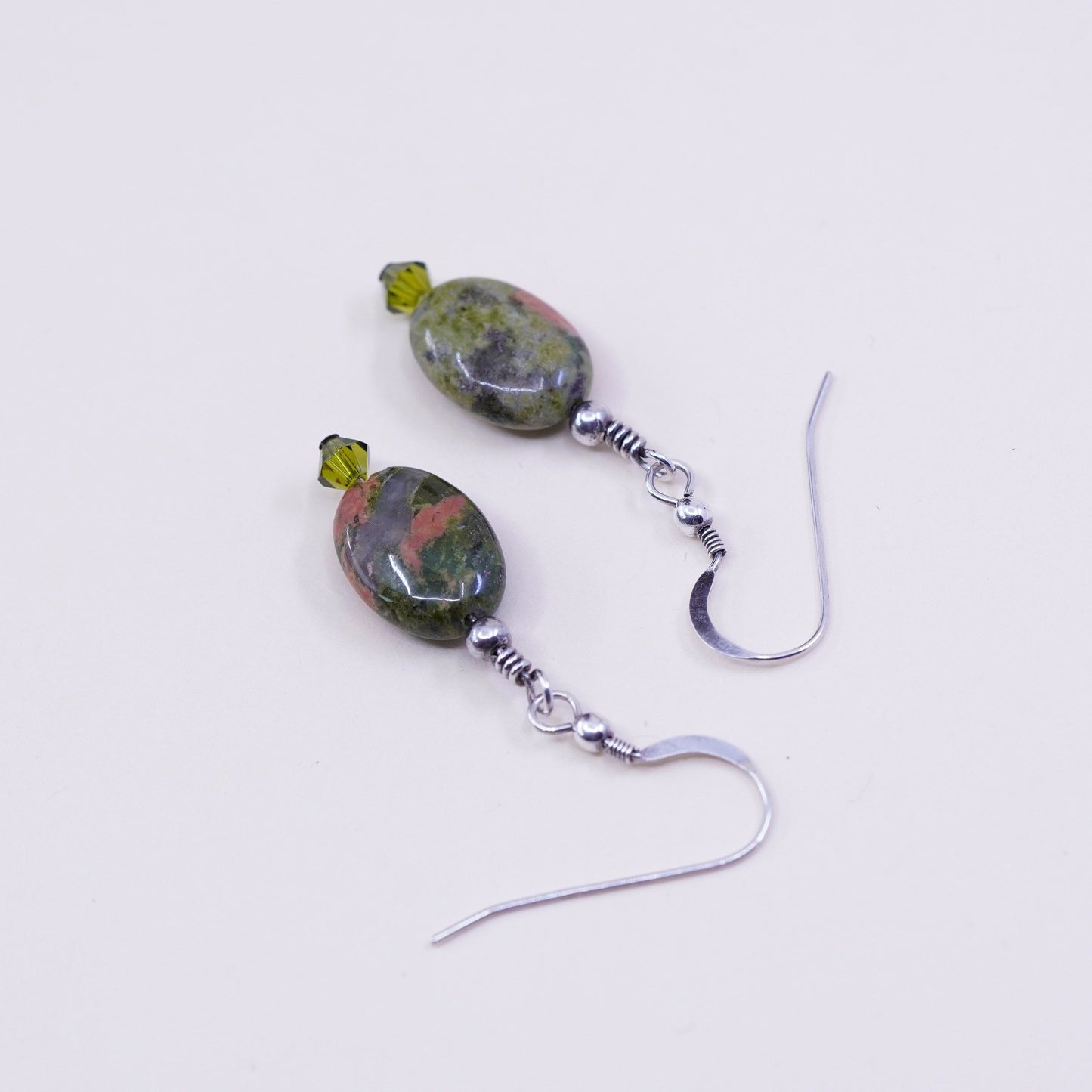 Vintage Sterling 925 silver handmade earrings with green jasper drops, stamped 925