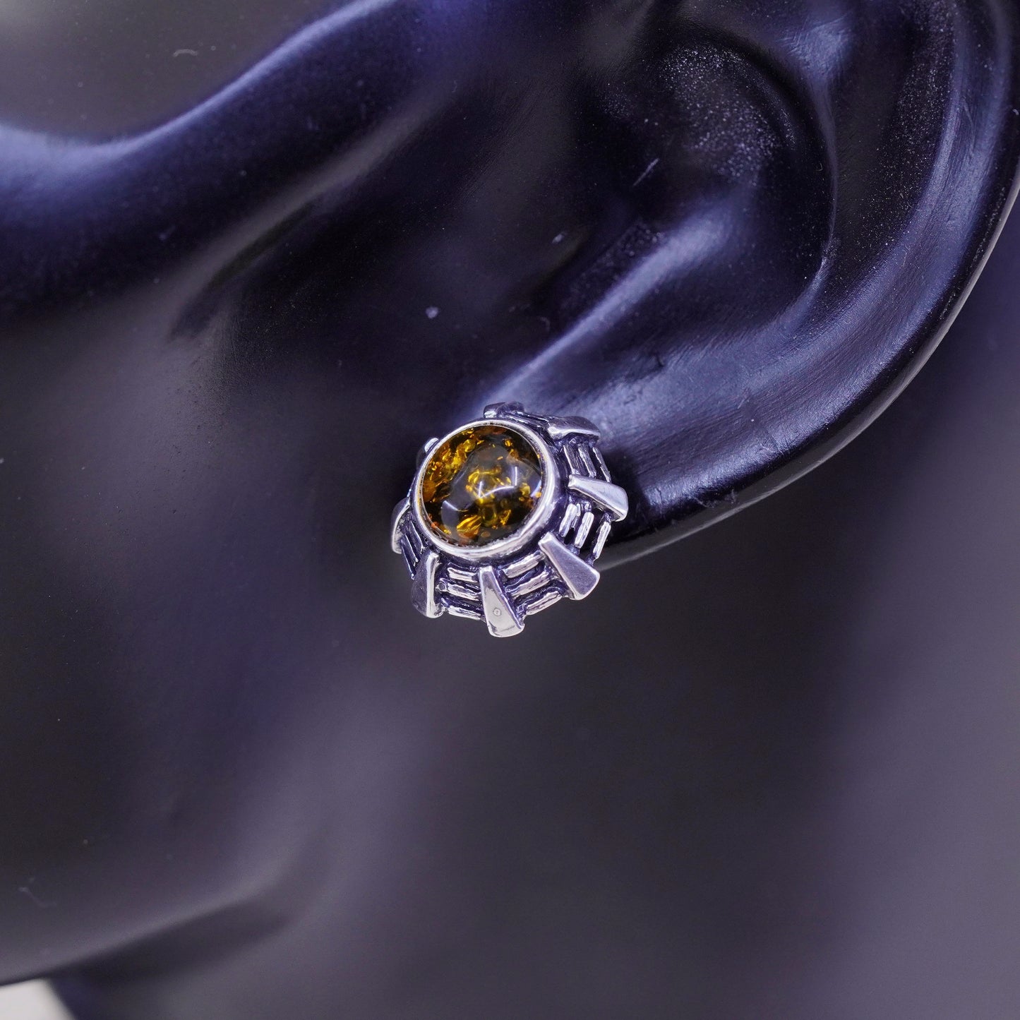Sterling 925 silver handmade earrings with round Amber studs, southwestern