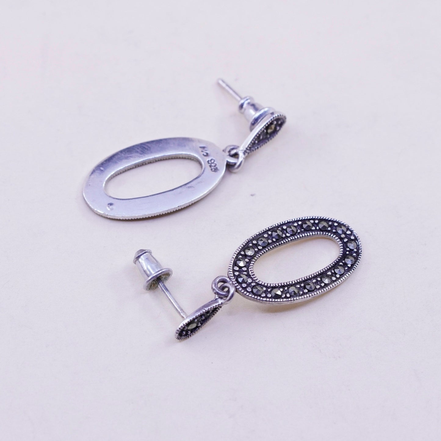 Vintage Sterling 925 silver handmade oval earrings with Marcasite