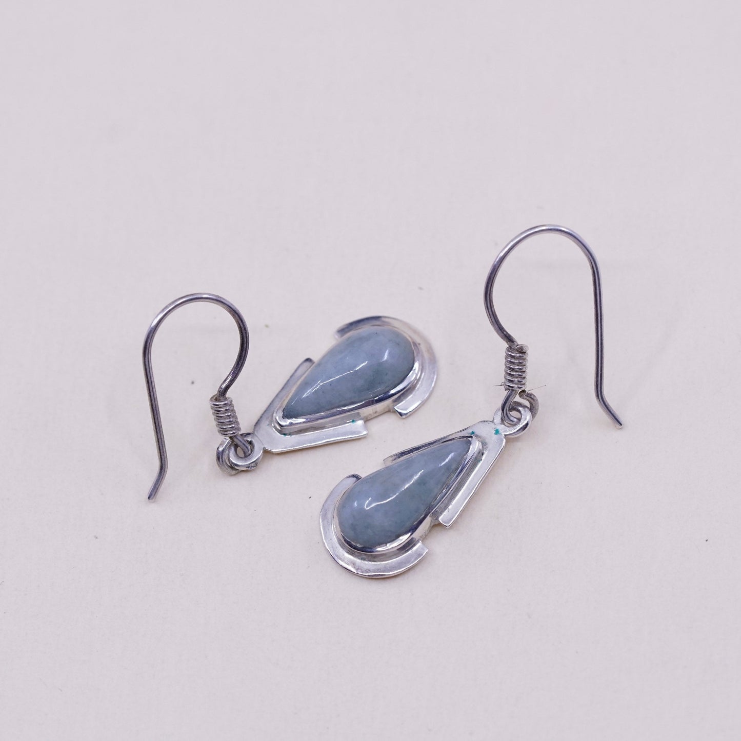 Vintage sterling 925 silver handmade earrings with teardrop jade